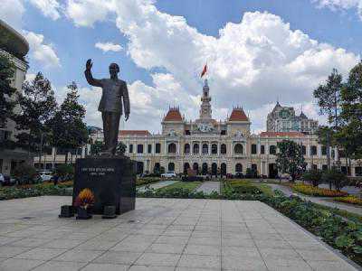 A statue outside some government buildings in Saigon